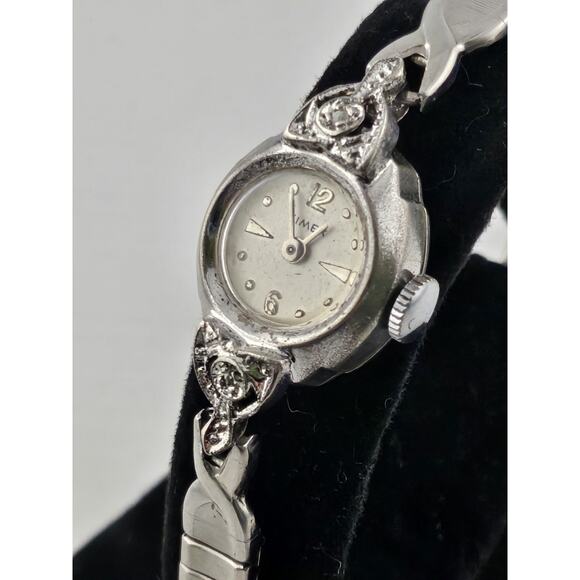 Ladies Vintage Diamond Timex Rhodium Plated Manual Wind Cocktail Watch main image 9